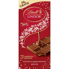 Lindt Schokolade LINDOR Milch | 150g Tafel | Feinste Vollmilch-Schokolade mit einer unendlich zartschmelzenden Füllung | Schokoladentafel | Schokoladengeschenk | LINDOR 75 Jahre Jubiläums Edition