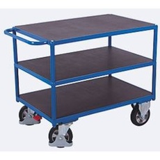 Schwerlast-Tischwagen, Stahl/Siebdruckplatte, Enzianblau/Dunkelbraun, 3 Etagen, L 1195 x B 800 mm, Vollgummi-Rollen mit EasySTOP, bis 1000 kg