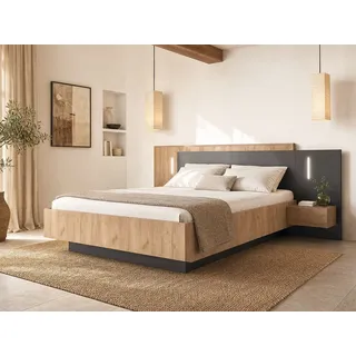 Bett mit Bettkasten mit Nachttischen - 160 x 200 cm - 2 Schubladen + LEDs - Holzfarben & Anthrazit - FRANCOLI
