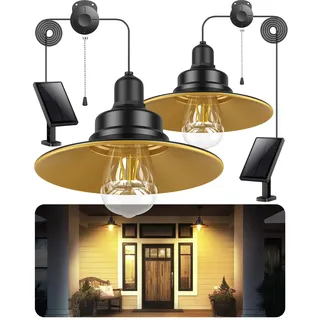 FabStyl 2 Stück Solarlampen Hängeleuchte für Außen Innen mit Zugschalter, Solar Lampe Outdoor Pendelleuchte E27 Glühbirnen, IP65 Wasserdicht für Garten Garage Pavillon Balkon Terrasse-Warmweiß