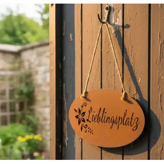 LB H&F Türschild LIEBLINGSPLATZ Rost Schild 38x20 cm Garten-Deko Rost Rostdeko Wandbild Schriftzug Wanddeko (Lieblingsplatz XL)