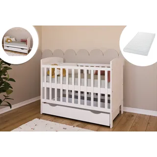 Babybett Kinderbett 70x140 cm mit Matratze & Schublade umbaubares Gitterbett höhenverstellbar | baby bed weiss Europe 140x70 - Weiß