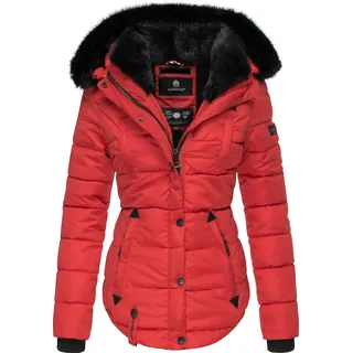 Marikoo Lotusblüte Damen Winter Steppjacke mit Kapuze Kunstfellbesatz Parka Mantel Jacke Rot Gr. 34 - XS - Rot
