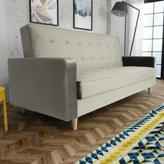 Schlafsofa im skandinavisches Stil Bamako Polstersofa mit Holzbeine Sofa mit Schlaffunktion Bettkasten Couch aus Velour, Farbe: Creme, Paros 01 - Creme