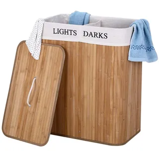 Bakaji Wäschekorb mit Doppelfach für Haus 2 Spazi Wäschekorb, helle und dunkle Bettwäsche aus natürlichem Bambusholz und Stoff, faltbar, platzsparend mit Deckel und Griffen