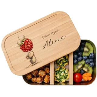 Personalisierte Brotdose mit Namen für Kinder, Lunchbox mit Bambusdeckel, Edelstahl & Weißblech in 2 Größen, Maus, Vesperdose Kindergarten, Schule (Himbeere, Edelstahl | Größe M (19,5x12x6cm))