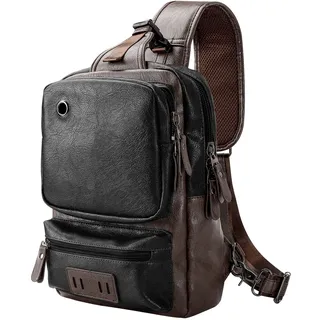 AONEGOLD Herren Brusttasche Vintage PU Leder Schultertasche Sling Chest Crossbody Bag Wasserdicht Leichte Herrentasche Schwarz