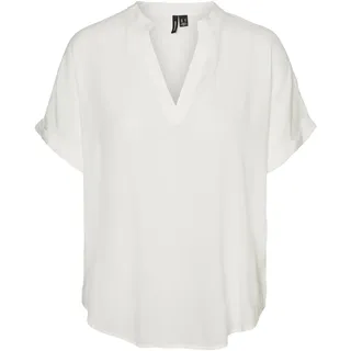 Vero Moda Damen Top Casual Splitneck umgeschlagene Ärmelbündchen Bluse Kurzarm, Farben:Weiß, Größe:L