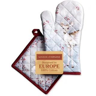 Maison d' Hermine Ofenhandschuh (19cm x 33cm) und Topflappen (20cm x 20cm) aus 100% Baumwolle, hitzebeständige Kombination für Hochzeit sowie, Fairy Tale Forest – Erntedankfest/Weihnachten