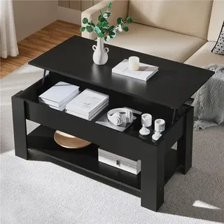 Yaheetech Couchtisch aus Holz Kaffeetisch mit Stauraum höhenverstellbarer Beistelltisch, Schwarz - Schwarz