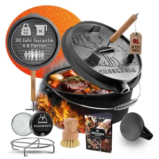GUSSKÖNIG Premium 2in1 Dutch Oven 9L Set-Feuertopf Gusseisen ohne Füßen | für 4-8 Personen, inkl. Deckelheber, Pflegepaste, Bürste, Untersetzer, Schrubber, Rezeptbuch, 30J Garantie