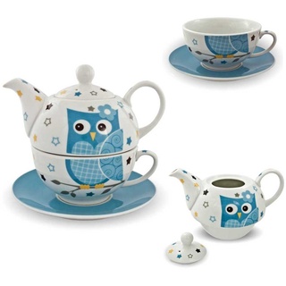 Porzellan Tee Set Tea for one Teeservice Eule blau weiß Teekanne Tasse Untersetzer