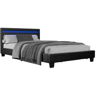 Juskys Polsterbett Paris mit Matratze und LED schwarz 120x200cm , Schwarz , Textil , 120x200 cm , Schlafzimmer, Betten, Polsterbetten