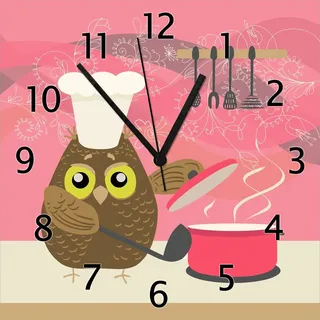 Wallario Design Wanduhr Lustige Eule beim Kochen mit Kochmütze aus Echtglas, Größe 30 x 30 cm - Rot