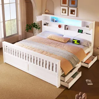 Flieks Doppelbett Jugendbett 180x200cm mit 4 Schubladen, Klassisches Bett mit LED und USB, Stauraumbett Holzbett mit Ablagen, Weiß - Weiß