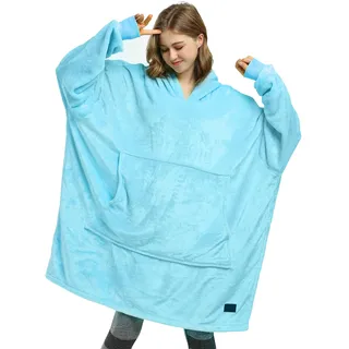 Catalonia Classy Übergroße Fleece Hoodie Decke Blau, Warme Großes Kapuzendecke Tragbare Decke zum Anziehen, Flauschige Kapuzenpulli Decke mit Ärmeln und Kapuze als Geschenkidee für Damen und Herren