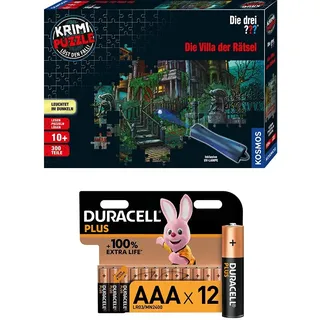 KOSMOS 697976 - Krimi Puzzle: Die drei ??? - Die Villa der Rätsel, Leuchtet im Dunkeln, 300 Teile mit UV-Lampe, Lesen - Puzzeln - Rätsel lösen + Duracell Plus AAA Alkaline-Batterien, 12er Pack