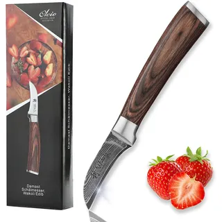 Wakoli EDIB Schälmesser aus echtem Damaststahl (VG10 Kern) mit 6 cm gebogener Klinge – Scharf & handlich – Damastmesser mit Pakkaholzgriff in Geschenkbox – Tourniermesser für Obst & Gemüse