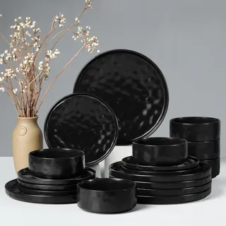 Joyfair Geschirrset 6 Personen, 18-tlg Steingut Geschirr Set, Reaktive Glasur Teller Set mit Speiseteller, Dessertteller und Müslischalen, Mikrowellen- & Spülmaschinenfest, Mysterium Schwarz