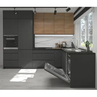 Feldmann-Wohnen Winkelküche lava / Acryl graphit matt & Pembroke, Arbeitsplatte District Dark 10-teilig , Holzwerkstoff , L-Form,Rechteckig , 302x243x232 cm , Küchen, Küchenzeilen & Küchenblöcke, Eckküchen, Eckküchen ohne Geräte