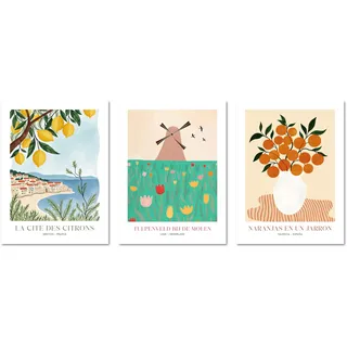 ARTFAVES® Poster Set - Dopamine Trio 2-3-teilige Bildercollage Wohnzimmer, Schlafzimmer - moderne Wandbilder Abstrakte Kunst, Flower Market, Zitronen, Orangen - 30x40 cm - ohne Rahmen