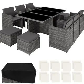 tectake Rattan Sitzgruppe New York,2 Bezugssets, zusammenschiebbar, inklusive Schutzhülle,grau , Grau , Kunststoff , Rechteckig , Gartenmöbel, Gartengarnituren, Gartenmöbel-Sets