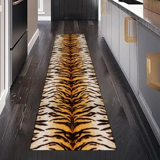 Tiermuster Tiger Teppichläufer Waschbar Rutschfest 60x180 cm, Gestreift Zebra Modern Leopardenmuster Küchenteppich Teppich Bettumrandung Schlafzimmer für Flur Eingangsbereich Wohnzimmer Teppiche