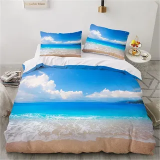 Damier Bettwäsche Set 135x200 Strand Meer 3D Beach Blau Weiß - 2teilig Mikrofaser Bettbezug mit Reißverschluss und 80x80 cm Kissenbezug für Deko Geschenke Jungen Mädchen