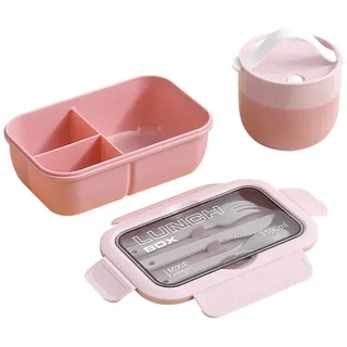 DAM Frischhaltedose, stapelbar, luftdicht, 1100 ml, inklusive Schüssel mit Deckel und Besteck, 21 x 13 x 7,5 cm, Farbe: Hellrosa