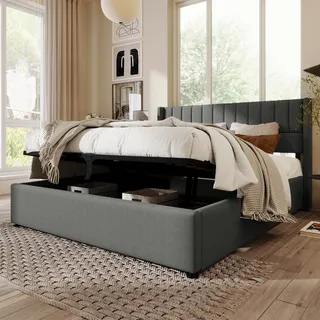 Merax Polsterbett 180x200cm mit Bettkasten ohne Bodenplatte, Hydraulisch Doppelbett mit Lattenrost, Straumbett Funktionsbett aus Leinen, Grau - Grau