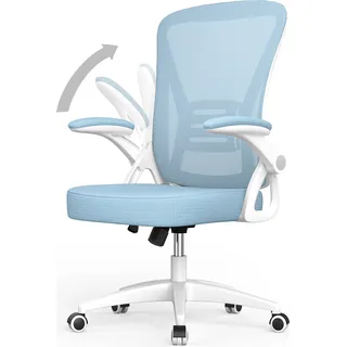 Bürostuhl – Ergonomischer Sitz – Sessel mit 90° klappbarer Armlehne – Lordosenstütze – höhenverstellbar - Blau - Blau