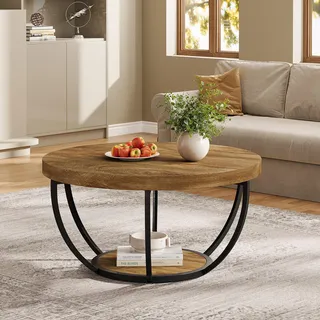 Tribesigns Runde Couchtisch, Industrial 2-Tier-Kreis Couchtisch mit Lagerung Regale, Moderne hölzerne Akzent Mitte Tisch Sofa Beistelltisch - Braun