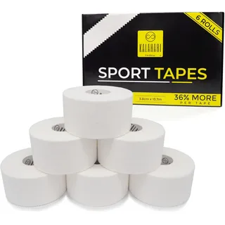 KALAHARI Sporttape Extra Lang - 3,8 cm x 13,7 m - Tapeverband starke Haftung für Finger Taping Volleyball, Crossfit, Klettern, Fußball, Boxen – Tape Sport Unelastisch, 100% Baumwolle, 6 Rollen Weiß