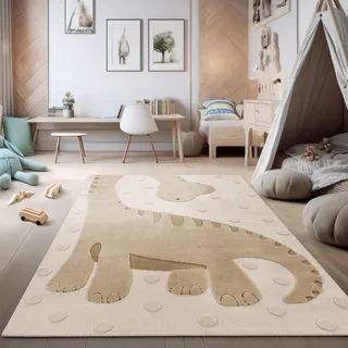 TT Home Kinderzimmer Teppich Spielteppich Hoch-Tief-Effekt Motiv Dino Schlingenstruktur Weich Naturtöne Pflegeleicht Modern, Größe:160x220 cm