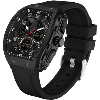 Herren-Sportuhr, rechteckig und einzigartig, mit analoger digitaler Doppeluhr-Anzeige, Stoppuhr, Punk-Design, cool, wasserdicht, 5 ATM, für Herren, Schwarz , Riemen