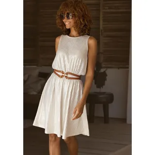 Sommerkleid LASCANA "mit Glitzerfäden im Material", Damen, Gr. 34, N-Gr, gold (beige, goldfarben), Crêpe, Obermaterial: 95% Polyester, 5% Elasthan, metallisierte Fasern, festlich, figurumspielend knieumspielend, Rundhals, Kleider Sommerkleid, Partykleid, Festkleid, elegantes Trägerkleid, leicht transparent