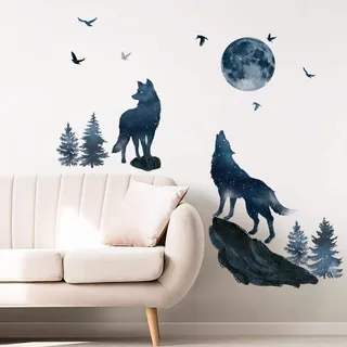 wondever Wandtattoo Wolf mit Mond Wandaufkleber Tiere Wolf Familie Wandsticker Wanddeko für Kinderzimmer Wohnzimmer Schlafzimmer