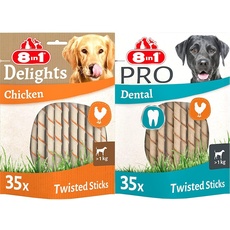 8in1 Delights Chicken Twisted Sticks - gesunde Kaustangen für Hunde, hochwertiges Hähnchenfleisch eingewickelt in Rinderhaut & Pro Dental Twisted Sticks - gesunde Kaustangen für Hunde zur Zahnpflege