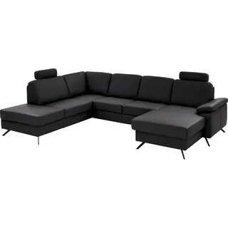die planbar Wohnlandschaft Leder U-Form mit Kopfstützen 3-Sitzer Schwarz