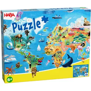 HABA Puzzle Weltkarte für Kinder – 100 Teile Lernpuzzle, Kontinente & Tiere entdecken, Geografie spielerisch Lernen, ab 6 Jahren, 49 x 36 cm – 2013400001