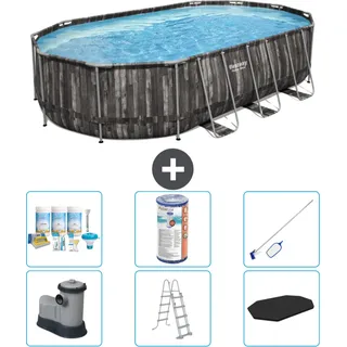 Bestway Oval Power Steel Swimmingpool – 610 x 366 x 122 – Grau – inklusive Pumpe – Leiter – Abdeckung Wartungspaket - Filter - Reinigungskit