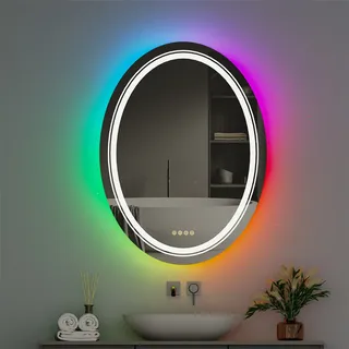 WISFOR LED Badspiegel Oval, 60×80cm LED Wandspiegel Badezimmerspiegel mit Beleuchtung, 8 Lichtfarbe 2800-6500K Dimmbar Beschlagfrei Lichtspiegel mit Touchschalter IP65 - Silber