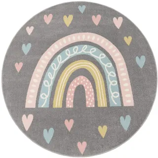 Paco Home Kinderteppich Paco Home Nino 887", grau, H:13mm Ø:120cm, Polypropylen, Teppiche, Kinderteppich, Kurzflor, Spielteppich, Motiv Regenbogen , Herzen, Kinderzimmer