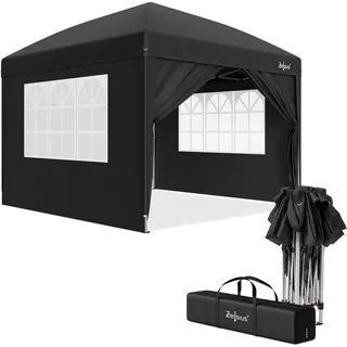 Zelsius Faltbarer Pavillon 3x3 m mit Seitenwänden, Schwarz, Faltpavillon UV30, Gartenzelt faltbar - Schwarz