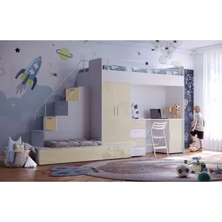 Etagenbett TOMI 5, Doppelstockbett Hochglanz Kinderbett Hochbett, OHNE Matraze und Lattenrost (Weiss + Beige, Glanz) - Beige