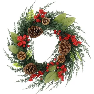 Zavothy Türkranz Weihnachten 50 cm, Weihnachtskranz, Künstlicher Kranz mit Tannenzapfen und Weihnachtskugeln, Adventskranz, Weihnachtsdeko, Haustür Dekoration, Dunkelgrün und Rot