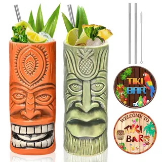 SuproBarware Tiki Mugs Set Hawaiian Party Ceramic Cocktail Mugs Set of 2 Cups for Exotic Party