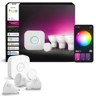 Philips Hue Starter Kit: Bridge+3x GU10 smarte LED Lampen+Smart Button Fernbedienung, White&Color Ambiance, Dimmbar, Funktioniert mit Apple Home, Amazon Alexa, Google Assistant