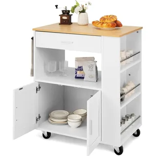 KOMFOTTEU Küchenwagen mit Arbeitsplatte, Servierwagen auf Rollen, Kücheninseln mit 3 Gewürzregale, Küchentrolley mit offener Ablagefach & Schublade, Rollwagen Küchenschrank 75x46x92cm (Weiß) - Weiß