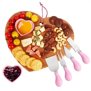 hecef 7 TLG Servierbrett Holz, Käsebrett Herzform Käseplatten, Holzbrett Groß mit 2 Schüsseln und 4 Messer, Servierplatte Cheese Board Geschenk für Party-Geburtstag, Weihnachts, Hochzeiten (Rosa)